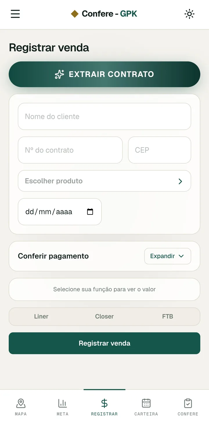 Tela de registrar venda no app Confere, tema claro